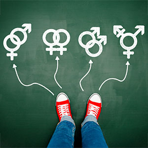 Feet pointing to gender symbols, representing lost wages due to sexual harassment in San Bernardino, California.